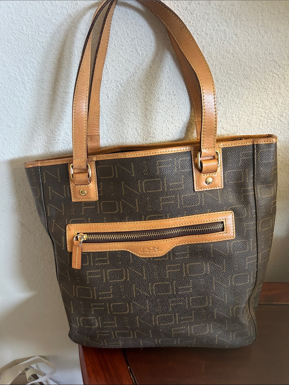 FION Brown Logo Tote with Tan Leather Trim